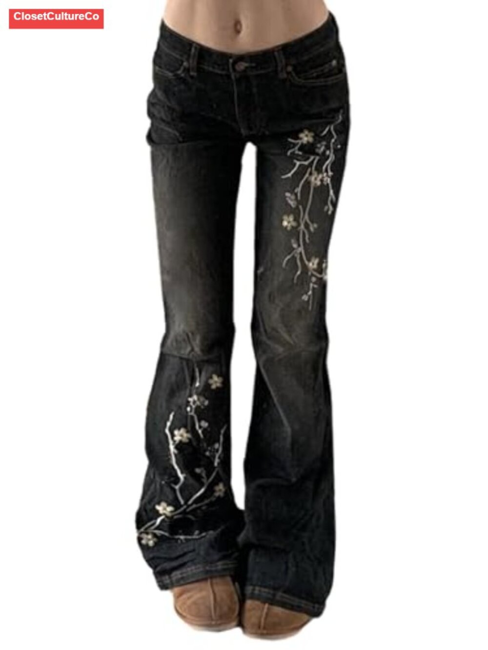 Women's Bell Bottom Gothic Jeans Low Waist Flare Embroidery Vintage Grunge